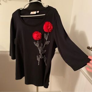 Quaker Factory 100% Cotton Raised Flower Embellished Top 1X